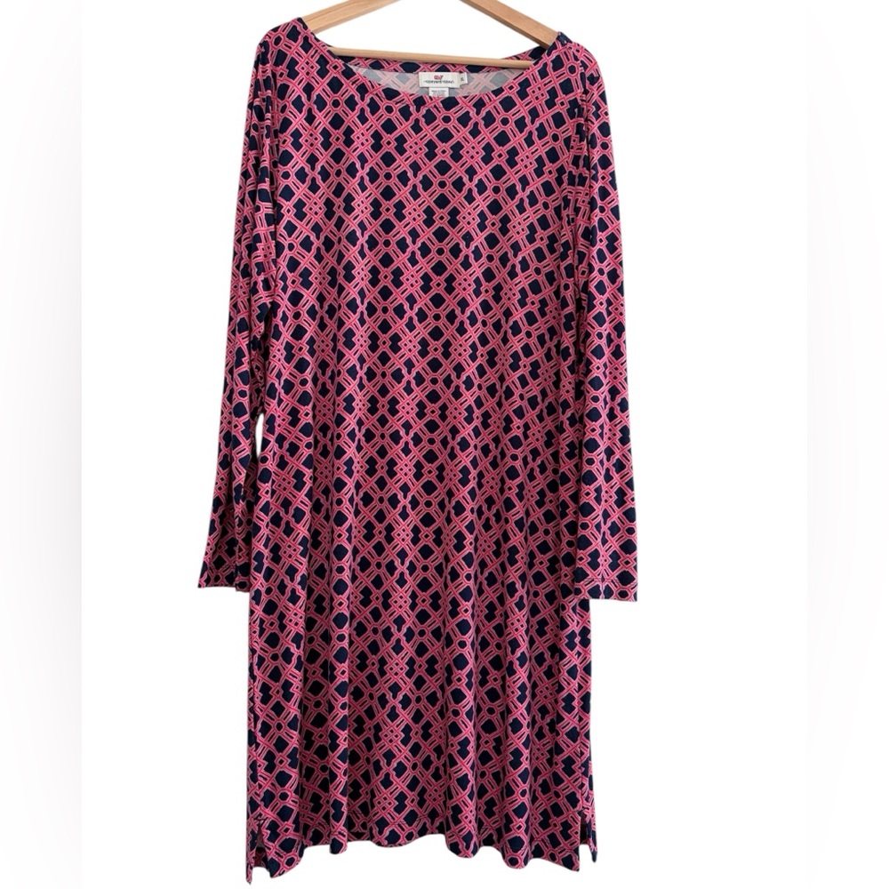 Vineyard Vines Knit Sheath Dress Navy Pink Geometric Trellis Print Preppy Sz XL
